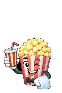 Happy popcorn mascot with a drink