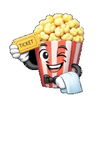 Popcorn mascot holding a movie ticket